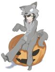  1girl absurdres animal_costume animal_ears between_legs black_hair closed_mouth green_eyes hand_between_legs hand_up highres jack-o&#039;-lantern kurobeko_(kur0bek0) looking_at_viewer original pumpkin simple_background sitting solo tail white_background wolf_costume wolf_ears wolf_hood wolf_tail zipper_pull_tab 