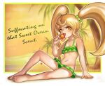  1girl absurdres arm_support bare_arms bare_legs bare_shoulders barefoot beach bikini blonde_hair blush candy cat_hair_ornament danganronpa_(series) danganronpa_2:_goodbye_despair english_text flat_chest food green_bikini groin hair_ornament highres holding holding_candy holding_food holding_lollipop lollipop long_hair navel onimiere orange_eyes outline palm_tree saionji_hiyoko sitting solo swimsuit tongue tongue_out translation_request tree twintails white_outline 