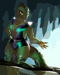  anthro cave clothed clothing digital_media_(artwork) female filmation flash_gordon glistening glistening_body greenpolygon hi_res humanoid krita_(program) lizard lizardman partially_submerged pinup pose reptile scales scalie simple_background smile solo stalactite swimwear tail thick_thighs uniform water wet yellow_eyes yellow_sclera 