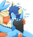  anthro blue_body blue_eyes blue_hair bodily_fluids bottomless breast_grab breasts clothed clothing cum cum_in_pussy cum_inside dialogue duo eeveelution female female_penetrated fin flareon from_behind_position fur generation_1_pokemon genital_fluids hair hand_on_breast hi_res looking_pleasured male male/female male_penetrating male_penetrating_female medium_breasts nakachidragon nintendo partially_clothed penetration penile penile_penetration pokemon pokemon_(species) red_body red_fur sex simple_background tail text vaginal vaginal_penetration vaporeon white_background 