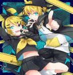  1boy 1girl :d ahoge backwards_hat blonde_hair blue_eyes blush bow caution_tape chain_necklace choker commentary crop_top hair_bow hair_ornament hair_through_headwear hairclip hand_on_own_hip hat headphones highres holding holding_microphone hood hoodie index_finger_raised jewelry kagamine_len kagamine_rin kuroi_(liar-player) long_sleeves looking_at_another looking_at_viewer medium_hair microphone miniskirt navel necklace o-ring o-ring_choker one_eye_closed open_mouth outstretched_arm pleated_skirt pointing pointing_at_viewer ponytail rettou_joutou_(vocaloid) school_uniform serafuku short_hair skirt smile thighs vocaloid 