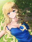  1girl absurdres alternate_costume blonde_hair blue_camisole blue_eyes blush breasts camisole collarbone daiko_(dai1974910) grass hair_spread_out highres idolmaster idolmaster_cinderella_girls large_breasts light_smile long_hair looking_at_viewer ohtsuki_yui on_ground outdoors outstretched_arms shade solo upper_body very_long_hair 