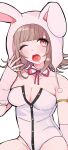  1girl ;o absurdres animal_hood bare_shoulders black_leotard blunt_bangs breasts brown_hair cleavage danganronpa_(series) danganronpa_2:_goodbye_despair detached_collar drooling flipped_hair gyutan_tan hand_up highres hood large_breasts leotard medium_hair nail_polish nanami_chiaki neck_ribbon no_hair_ornament official_alternate_costume one_eye_closed open_mouth pink_eyes pink_nails pink_ribbon playboy_bunny rabbit_hood ribbon simple_background sitting solo teardrop teeth tongue upper_teeth_only white_background white_leotard 