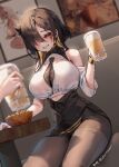  1girl 1other alcohol bare_shoulders beer beer_mug black_hair black_skirt blonde_hair blush breasts cup holding large_breasts long_hair long_sleeves looking_at_viewer mug multicolored_hair off_shoulder original parted_lips sharp_teeth shiro_albino single_sleeve sitting skirt smile solo_focus teeth thighs twitter_username two-tone_hair yellow_eyes 