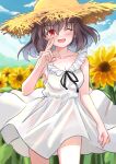  1girl ;d absurdres black_hair blue_sky brown_headwear cloud commentary_request commission dress flower hat highres looking_at_viewer one_eye_closed outdoors red_eyes see-through see-through_dress shameimaru_aya short_hair sky smile solo straw_hat sundress sunflower touhou white_dress yuuka_(a0240765) 