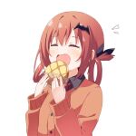  1girl buttons closed_eyes commission eating fang food gabriel_dropout haru_(konomi_150) holding holding_food long_sleeves open_mouth orange_shirt pixiv_commission red_hair satanichia_kurumizawa_mcdowell shirt short_hair simple_background smile solo white_background 