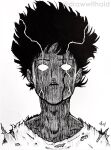  1boy blank_eyes blood blood_on_face commentary draw_with_aid english_commentary hatching_(texture) highres instagram_username kageyama_shigeo making-of_available male_focus marker_(medium) mob_psycho_100 portrait shirt signature solo torn_clothes torn_shirt traditional_media video_crop 