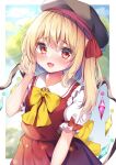  1girl :d alternate_headwear blonde_hair bow bowtie crystal fang flandre_scarlet highres looking_at_viewer red_eyes red_vest shirotsuki_shirone skin_fang smile solo touhou vest wings yellow_bow yellow_bowtie 