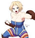  1girl ass bare_shoulders blonde_hair blue_eyes breasts cleavage dated final_fantasy final_fantasy_tactics full_body large_breasts looking_at_viewer monk_(fft) open_mouth short_hair signature simple_background smile solo tsukudani_(coke-buta) unitard white_background 