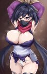  1girl ayame_(gundam_build_divers) black_hair blush bound bound_arms breasts cleavage gundam gundam_build_divers highres japanese_clothes kimono large_breasts long_hair looking_at_viewer mask mouth_mask ninja ninja_mask purple_eyes r-binon red_scarf scarf short_kimono solo split_ponytail torn_clothes upper_body very_long_hair 