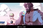  2boys abs absurdres bara beach beard blonde_hair chest_hair cloud cloudy_sky curled_horns dark-skinned_male dark_skin demon_boy drinking earrings facial_hair goatee highres holding_carton hoop_earrings horns jewelry large_pectorals leimengrem looking_ahead looking_to_the_side male_focus mature_male multiple_boys muscular muscular_male mustache nipples nude original pectoral_cleavage pectorals pointy_ears sand scar scar_on_face scar_on_mouth short_hair sky sunglasses upper_body 