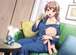  1girl arm_at_side arm_up banana blue_pants blue_shirt blush bra bra_strap brown_eyes brown_hair buttons closet coffee coffee_mug couch cup door doushimasho feet_out_of_frame food fruit genkai_ol-chan_nui_wo_suu hand_up holding holding_food holding_stuffed_toy indoors lapels messy_hair mug nail_polish off-shoulder_shirt off_shoulder open_mouth pants picture_(object) picture_frame pillow pink_nails shirt sliding_doors solo steam stuffed_animal stuffed_toy table teddy_bear teeth udou_komori underwear upper_teeth_only wooden_door wooden_table 