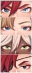  1girl 3boys absurdres aiphelix blonde_hair blue_eyes close-up column_lineup dark_red_hair eye_focus eyelashes eyepatch facial_mark green_eyes grey_eyes hair_between_eyes heterochromia highres looking_at_viewer mole mole_under_eye multiple_boys original red_eyeliner white_hair 