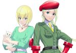  2girls beret blonde_hair blue_eyes braid breasts cammy_white cat closed_mouth cofffee gloves hat jewelry juni_(street_fighter) long_hair looking_at_viewer military_uniform multiple_girls necklace simple_background smile street_fighter street_fighter_iv_(series) twin_braids uniform white_background 