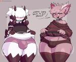  &lt;3 anthro antlers blush bottomwear brown_eyes brown_hair bulge clothed clothing clothing_lift collar duo english_text hair hair_over_eyes hi_res horn huge_thighs jinu legwear looking_at_viewer male mammal open_mouth question_mark shirt skirt skirt_lift sweater text thick_thighs thigh_highs topwear underwear white_hair wide_hips 
