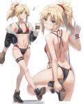 1girl ass back bare_shoulders bikini black_jacket blonde_hair braid breasts coffee_cup commentary_request cup disposable_cup fate/apocrypha fate_(series) french_braid full_body green_eyes highres jacket long_hair long_sleeves looking_at_viewer looking_back mordred_(fate) mordred_(fate/apocrypha) multiple_views off_shoulder open_clothes open_jacket parted_bangs ponytail sidelocks small_breasts smile swimsuit tonee variant_set 