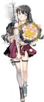 1girl asymmetrical_legwear black_hair boots bouquet burnt_clothes collared_shirt colored_inner_hair cross-laced_footwear damaged dress fujikawa full_body grey_pantyhose hairband kantai_collection lace-up_boots long_hair looking_at_viewer machinery multicolored_hair naganami_(kancolle) naganami_kai_ni_(kancolle) official_art pantyhose pink_hair pleated_dress purple_dress school_uniform shirt smile smoke solo third-party_source torn_clothes transparent_background two-tone_hair white_hairband white_shirt yellow_eyes 