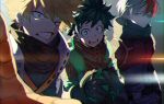  3boys :| adjusting_clothes annoyed arms_at_sides badge bakugou_katsuki belt black_belt black_bodysuit black_gloves black_pants blonde_hair blue_eyes blurry bodysuit boku_no_hero_academia bright_pupils burn_scar chromatic_aberration clenched_teeth closed_mouth commentary_request depth_of_field expressionless floating_hair freckles from_side furrowed_brow gloves green_eyes green_gloves green_hair grey_eyes hair_between_eyes hand_up happy heterochromia high_collar hood hood_down light looking_at_viewer looking_to_the_side male_focus matsuya_(pile) midoriya_izuku multicolored_hair multiple_boys official_alternate_costume open_mouth orange_gloves outstretched_arm outstretched_hand pants partial_commentary reaching reaching_towards_viewer red_eyes red_hair sanpaku scar scar_on_face short_hair sidelighting sideways_glance smile spiked_hair split-color_hair teeth todoroki_shouto tsurime two-tone_hair uneven_eyes upper_body utility_belt v-shaped_eyebrows white_hair white_pupils 
