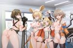  4girls :d animal_ears arknights ass bare_shoulders bent_over black_gloves blonde_hair blue_eyes bottomless breasts breasts_out brown_eyes brown_hair closed_eyes commentary_request demon_girl demon_horns dorothy_(arknights) double_v earrings facing_viewer gloves grin hand_on_own_hip hands_up hat highres hongbaise_raw horns ifrit_(arknights) indoors jacket jewelry legs_apart long_hair looking_at_another magallan_(arknights) mayer_(arknights) mechanical_arms medium_breasts medium_hair midriff multicolored_hair multiple_girls naked_jacket navel nipples no_bra no_panties no_pants off_shoulder open_clothes open_jacket orange_eyes photo_shoot pussy recording red_eyes slit_pupils small_breasts smile spread_legs standing streaked_hair thigh_gap thighhighs thighs v white_hair yuri 