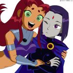  2girls :d absurdres breasts colored_sclera colored_skin crossed_arms dc_comics forehead_jewel gnsisir green_eyes green_sclera grey_skin highres long_hair looking_at_viewer medium_breasts multiple_girls navel one_eye_closed orange_skin purple_eyes purple_hair purple_tank_top raven_(dc) red_hair short_hair smile starfire superhero tank_top teen_titans white_background 