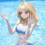  1girl ahoge akamatsu_kaede bikini blonde_hair blue_bikini blush breasts commentary_request danganronpa_(series) danganronpa_s:_ultimate_summer_camp danganronpa_v3:_killing_harmony grin hair_ornament highres korean_commentary long_hair medium_breasts musical_note musical_note_hair_ornament official_alternate_costume partially_submerged purple_eyes smile solo swimsuit ttegi_(ddeck_dg) water wet 