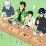  &gt;_&lt; ... 4boys :t akagi:_yami_ni_oritatta_tensai akagi_shigeru black_hair black_sweater brown_hair buraiden_gai clenched_hands closed_mouth collared_shirt commentary_request counter cup eating fish_(food) food fukumoto_nobuyuki_(style) green_background green_shirt green_tea grey_hair grey_shirt ikura_(food) itou_kaiji kaiji kudou_gai long_hair long_sleeves male_focus medium_bangs multiple_boys official_style omelet open_mouth oshibori parody plaid plaid_shirt pointy_nose salmon scar scar_across_eye shirt short_bangs short_hair short_sleeves sitting smile soy_sauce spoken_ellipsis style_parody sunglasses sushi sweater t_k_g tamagoyaki tea tobaku_haouden_zero translation_request turtleneck turtleneck_sweater ukai_zero upper_body wavy_mouth white_shirt yunomi 