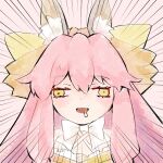  1girl animal_ear_fluff animal_ears blush bow close-up commentary drooling emphasis_lines english_commentary fate/samurai_remnant fate_(series) fox_ears long_hair open_mouth pink_hair saliva sketch smile solo tamamo_(fate) tamamo_aria viroa wall-eyed white_bow yellow_eyes 