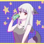  1girl animal_ears arknights bare_shoulders black_tank_top breasts can drinking e-bushi fox_ears fox_girl fox_tail frostleaf_(arknights) grey_hair highres holding holding_can long_hair looking_at_viewer nail_polish no_headwear oripathy_lesion_(arknights) purple_background red_eyes red_nails simple_background small_breasts solo tail tank_top upper_body 