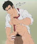  1boy abs arm_hair bar_censor bara bottomless censored chest_hair collared_shirt erection feet_out_of_frame hairy highres kimitachi_wa_dou_ikiru_ka kurazon_(climb_zombie) large_pectorals large_testicles leg_hair long_sideburns male_focus male_pubic_hair mature_male muscular muscular_male navel navel_hair necktie open_clothes open_shirt pectoral_cleavage pectorals penis pubic_hair salaryman shirt shoichi_maki short_hair sideburns solo stomach testicles thick_eyebrows thick_thighs thighs undone_necktie veins veiny_penis 
