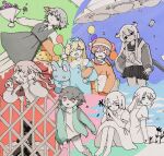  1other 6+girls absurdres adipocere_(vocaloid) angel_care_(vocaloid) aqua_jacket back-to-back balloon black_dress black_eyes black_flower black_hair black_necktie black_shorts black_skirt black_tears blonde_hair blood blue_bow blue_eyes blue_pajamas bouquet bow braid brown_hair car cardigan cardigan_partially_removed carrying carrying_under_arm cevio chikyuu_no_ura_(cevio) closed_eyes cloud collage collared_dress commentary_request creator_connection crying debris dress elevator_door expressionless facing_away falling_petals floating floating_hair floating_object flower grey_eyes grey_hair hair_bow hair_down hair_flower hair_ornament hair_over_shoulder hair_ribbon half_updo hand_grab hands_in_hair hat head_tilt highres holding holding_bouquet holding_flower holding_pillow holding_stuffed_toy horns isei_ni_ikou_ne_(cevio) jacket knees_up kyu-kurarin_(cevio) last_journey_(vocaloid) leg_warmers locked_arms long_hair long_sleeves looking_at_another looking_back looking_down low_twintails lying maid motor_vehicle multicolored_background multiple_girls necktie nervous_sweating nightcap on_back open_cardigan open_clothes open_jacket out_of_frame outstretched_arms outstretched_hand pajamas pajamy_(vocaloid) parted_lips partially_colored petals pillow pinafore_dress pink_bow pink_eyes pink_flower pleated_skirt pool_of_blood puffy_short_sleeves puffy_sleeves red_headwear red_pajamas ribbon sabaku_(saba9) sad_smile sayonara_jackpot_(vocaloid) school_uniform security_camera serafuku short_hair short_sleeves shorts sidelocks sitting skirt sleeveless sleeveless_dress smile songover spread_arms stuffed_animal stuffed_rabbit stuffed_toy sweat track_jacket traditional_media twintails ufo vocaloid watercolor_pencil_(medium) white_hair 