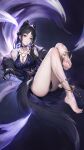  1girl absurdres animal_ears barefoot black_hair breasts claw_ring cleavage dress feet fox_ears grey_eyes highres large_breasts le_(huanglongen) legs long_hair looking_at_viewer lying sidelocks smile soles solo tessa_(yong_jie_wujian) yong_jie_wujian 