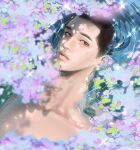  1boy afloat bishounen black_eyes black_hair buzz_cut dappled_sunlight day flower fukatsu_kazunari highres looking_at_viewer male_focus ood_do0 outdoors partially_submerged ripples shade short_hair slam_dunk_(series) solo sunlight toned toned_male topless_male tree tree_shade upper_body very_short_hair water 