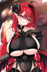  1girl absurdres ahoge azur_lane bare_shoulders black_gloves black_horns breasts center_cross_lace center_frills clothing_cutout commentary_request covered_navel curled_horns demon_girl demon_wings elbow_gloves frilled_gloves frills gloves hair_between_eyes hand_on_own_chest highres hindenburg_(azur_lane) horns long_hair looking_at_viewer mole mole_under_eye non-humanoid_robot pink_eyes pointy_ears red_eyes red_hair robot robot_dragon smile solo underboob underboob_cutout very_long_hair wings world_of_warships yamaha_tsui 