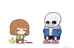  0725akaba :q ^_^ absurdres barefoot black_shorts blue_jacket brown_hair brown_shorts chara_(undertale) chibi chopsticks closed_eyes closed_mouth cup cup_noodle disposable_cup green_shirt grin highres holding holding_chopsticks holding_cup hood hood_down hooded_jacket jacket kettle long_sleeves open_clothes open_jacket red_footwear sans shadow shirt shorts simple_background sitting slippers smile socks sweat tongue tongue_out twitter_username undertale white_background white_shirt white_socks 