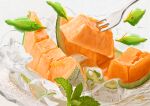  absurdres animal_focus cantaloupe dated fish food food_focus fork fruit highres ice leaf melon no_humans original plate shadow signature tainosuke white_background 