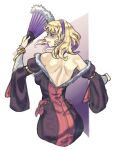 1girl ass bare_back bare_shoulders blonde_hair bracelet commentary commission constance_von_nuvelle dress drill_hair drill_sidelocks earrings fire_emblem fire_emblem:_three_houses fire_emblem_warriors:_three_hopes folding_fan from_behind fur-trimmed_dress fur_trim grin hairband hand_fan highres holding holding_fan jewelry juicet1n long_sleeves looking_at_viewer looking_back off-shoulder_dress off_shoulder official_alternate_costume official_alternate_hairstyle purple_hairband sidelocks smile solo 