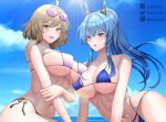  2girls abs ahoge anis_(nikke) bikini blue_eyes blue_hair blue_sky bob_cut braid breasts brown_hair cleavage crown_braid ddg3420 english_commentary eyewear_on_head facebook_logo facebook_username goddess_of_victory:_nikke hair_ornament helm_(nikke) highres large_breasts long_hair looking_at_viewer micro_bikini multiple_girls navel ocean open_mouth outdoors ponytail short_hair sidelocks sky smile sun_glare sunglasses swimsuit twitter_logo twitter_username wavy_hair yellow_eyes 