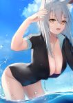  1girl absurdres animal_ear_fluff animal_ears arknights bent_over blue_sky bodysuit breasts cleavage cowboy_shot day diving_suit grey_hair hair_between_eyes highres kotoha_(kotoha65) large_breasts long_hair looking_at_viewer no_tail open_mouth open_wetsuit outdoors projekt_red_(arknights) short_sleeves sidelocks sky solo wading water wetsuit wolf_ears wolf_girl yellow_eyes 