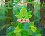  blue_eyes blush_stickers bush copy_ability forest gem green_gemstone kirby kirby_(series) leaf leaf_kirby looking_at_viewer miclot nature no_humans open_mouth plant tree vines 