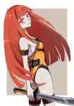  1girl 22zun android arm_strap ass black_one-piece_swimsuit blunt_bangs blunt_ends breasts competition_swimsuit expressionless from_behind highres holding holding_weapon ladybird_(index) long_hair looking_at_viewer looking_back machete one-piece_swimsuit orange_one-piece_swimsuit red_eyes red_hair sheath simple_background small_breasts solo swimsuit thigh_strap toaru_majutsu_no_index:_genesis_testament two-tone_background two-tone_swimsuit weapon 