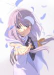  1girl atsuko_(blue_archive) blue_archive bow braid coat falling_petals from_above hair_bow halo highres hood hood_down hooded_coat kidou_senshi_nama_ino light_blush long_sleeves looking_at_viewer open_clothes open_coat open_hand parted_lips petals plate_carrier purple_hair red_eyes simple_background solo twin_braids white_background yellow_bow 