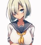  1girl blue_eyes blue_sailor_collar blush breasts closed_mouth eyelashes grey_hair hair_ornament hair_over_one_eye hairclip hamakaze_(kancolle) highres kantai_collection large_breasts looking_at_viewer neckerchief revision sailor_collar school_uniform serafuku short_hair short_sleeves simple_background solo sumoffu upper_body white_background yellow_neckerchief 