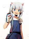  absurdres animal_ears bag bloop_(gawr_gura) blue_dress blue_eyes blue_nails cat_ears commentary cowboy_shot cube_hair_ornament dress gawr_gura gawr_gura_(2nd_costume) grey_hair hair_ornament hand_puppet highres hololive hololive_english ishikawa_147 looking_at_viewer multicolored_hair official_alternate_costume open_mouth puppet sharp_teeth shoulder_bag side_ponytail simple_background sleeveless sleeveless_dress streaked_hair teeth virtual_youtuber white_background 