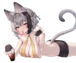  1girl animal_ears bare_arms bare_shoulders bikini black_choker black_gloves black_shorts braid breasts bubble_blowing cat_ears cat_girl cat_tail chewing_gum choker cleavage cup drinking_glass fingerless_gloves gloves grey_hair halterneck hand_up highres holding holding_cup large_breasts looking_at_viewer lying micro_shorts mole mole_on_breast mole_under_eye multicolored_hair on_stomach original shiro_albino short_hair shorts simple_background solo streaked_hair swimsuit tail thighs white_background yellow_bikini yellow_eyes 