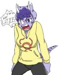  angry anthro blush ceratopsian clothed clothing dinosaur english_text female goodbye_volcano_high hair hoodie low_res open_mouth ornithischian purple_body purple_eyes purple_hair reptile scalie screaming sharp_teeth simple_background snoot_game_(fan_game) solo speech_bubble teeth text topwear triceratops trish_(gvh) unknown_artist white_background 