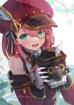  1girl :d aqua_eyes bare_shoulders brooch cabbie_hat camera charlotte_(genshin_impact) commentary_request detached_sleeves doyamona genshin_impact gloves hat highres holding holding_camera jewelry long_sleeves looking_at_viewer monocle pink_hair red_headwear short_hair simple_background smile solo upper_body white_background white_gloves 