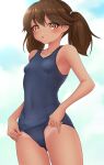 1girl absurdres blue_one-piece_swimsuit breasts brown_eyes brown_hair clothes_pull covered_navel cowboy_shot highres kantai_collection long_hair looking_at_viewer makura_(y_makura) one-piece_swimsuit one-piece_swimsuit_pull one-piece_tan ryuujou_(kancolle) school_swimsuit shadow simple_background small_breasts solo standing swimsuit tan tanlines white_background 