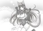  1girl animal_ears artist_name asobi_ni_iku_yo! cat_ears cat_girl cat_tail commentary_request covered_navel dated eris_(asobi_ni_iku_yo!) greyscale impossible_clothes impossible_leotard leotard long_hair monochrome pouch signature solo tail thighhighs yoshiten 