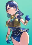  1girl absurdres aqua_ascot aqua_background arm_at_side armlet armor ascot bare_shoulders blue_eyes blue_gloves blue_hair blue_leotard blunt_bangs breasts closed_mouth cowboy_shot dutch_angle earrings frilled_leotard frills gem gloves goe_(g-o-e) gold_hairband gold_trim gradient_background groin hair_over_shoulder hairband half-closed_eyes half_gloves hand_up highres jewelry leotard light_blush light_smile long_hair looking_at_viewer medium_breasts official_alternate_costume official_alternate_hairstyle pauldrons pearl_(gemstone) shoujo_kageki_revue_starlight shoujo_kageki_revue_starlight_-re_live- shoulder_armor single_pauldron solo standing tomoe_tamao 