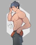  1boy abs bara blue_hair character_request closed_eyes highres i&#039;ve_never_seen_a_guy_recreate_this_successfully_tbh_(meme) jeshiikun male_focus male_underwear meme muscular muscular_male open_mouth orange_male_underwear pectorals simple_background solo underwear yawning 